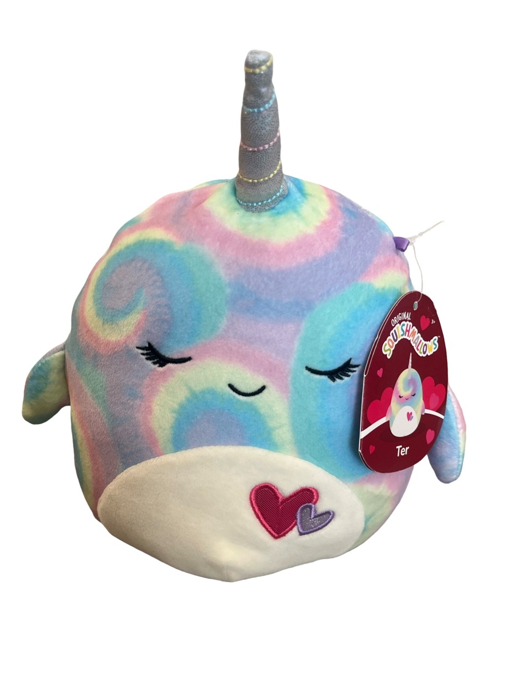 Squishmallows Pastel Tie-Dye Narwhal Plush with Silver Horn Pink Blue Purple NWT